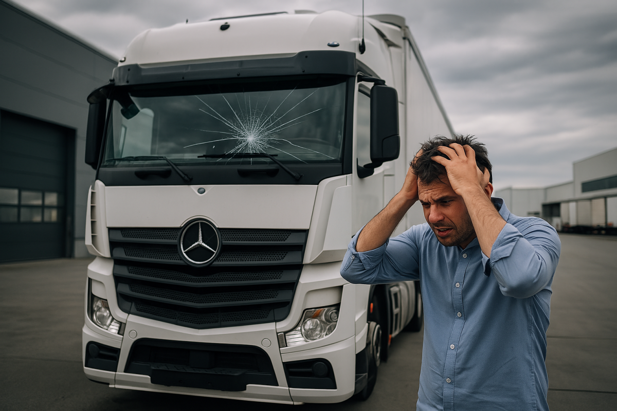 Servizi Flotte Aziendali | Riparazione Vetri Veicoli Commerciali | GlassPartner SA Un autista con le mani sulla testa, con un'espressione di frustrazione e preoccupazione, si trova di fronte a un grande camion con il parabrezza crepato a ragnatela. L'immagine, scattata in un piazzale di un'azienda, simboleggia l'impatto negativo di un veicolo fermo per le flotte aziendali, sottolineando l'urgenza di un intervento di riparazione.