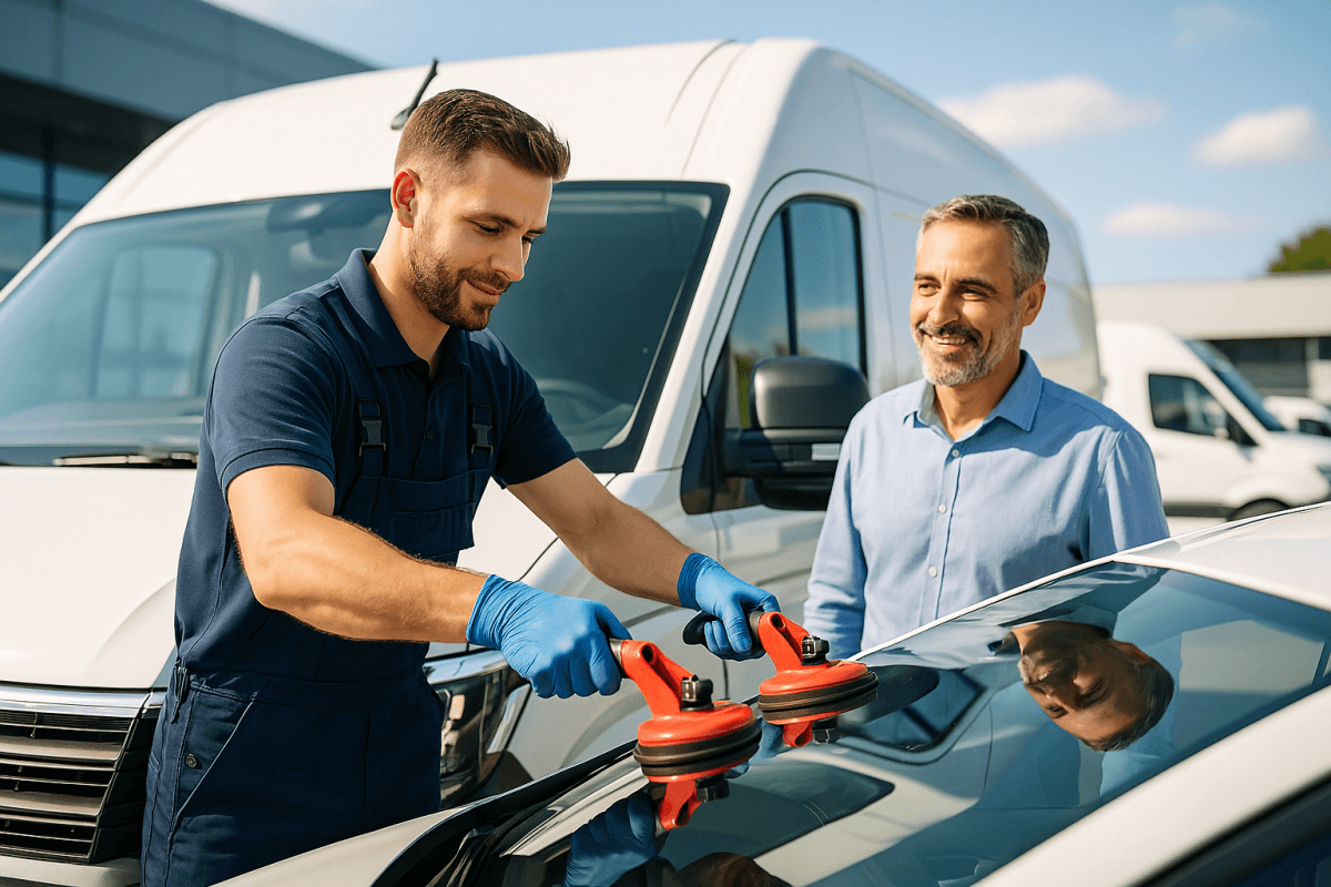 Riparazione e Sostituzione Vetri Flotte Aziendali | Vantaggi per Aziende | GlassPartner SA Un tecnico di GlassPartner SA, sorridente e vestito con una tuta da lavoro blu, sta lavorando sul parabrezza di un veicolo aziendale utilizzando delle ventose. Accanto a lui, un cliente, probabilmente un gestore di flotta, osserva l'intervento soddisfatto e rassicurato. L'immagine trasmette professionalità, competenza e un rapporto di fiducia tra l'azienda e il cliente. Sullo sfondo si notano altri furgoni di una flotta, a indicare il contesto del servizio.