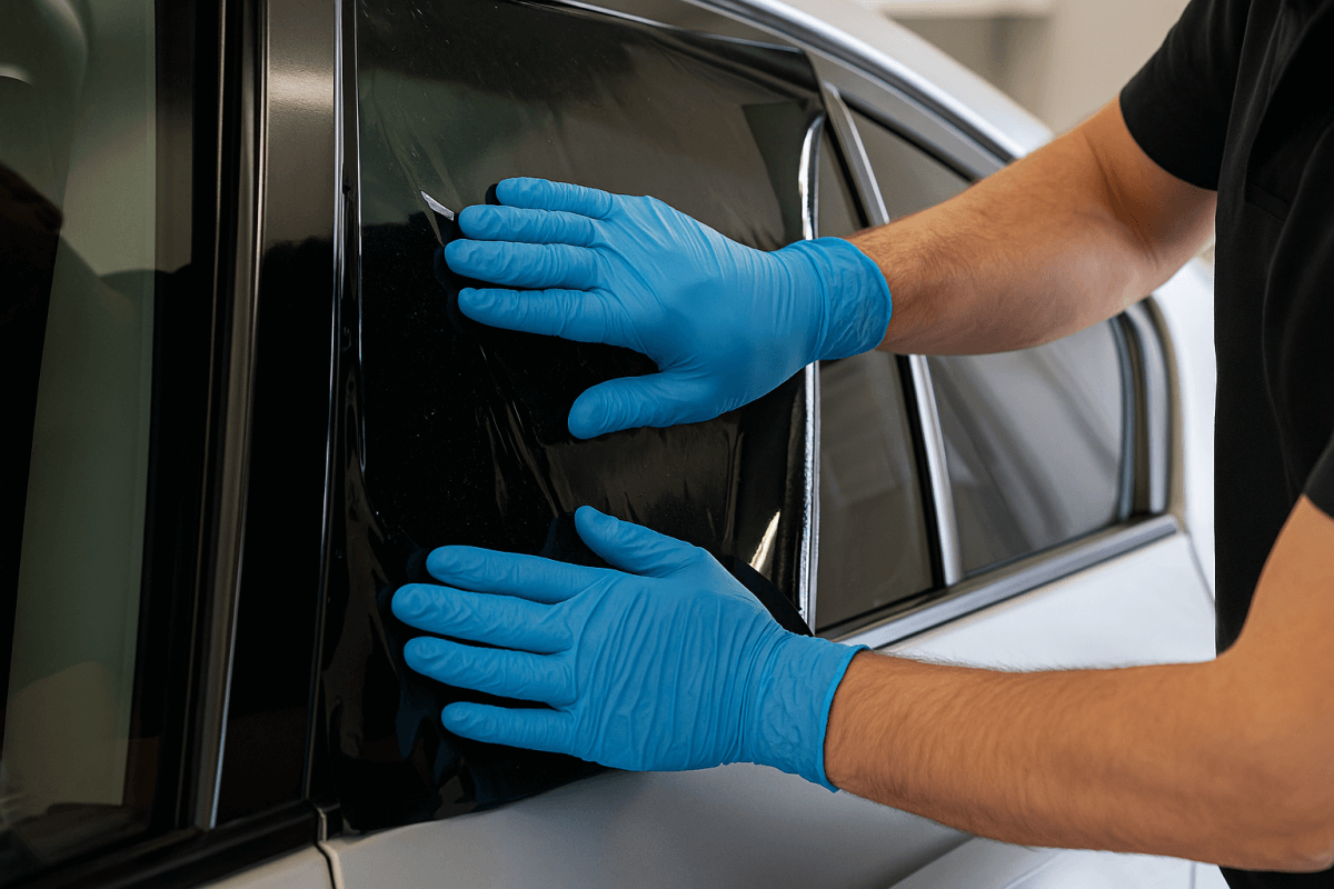 Applicazione professionale di pellicole oscuranti Le mani di un tecnico con guanti protettivi blu che applicano con precisione una pellicola oscurante su un vetro laterale di un'auto. L'immagine si concentra sul processo manuale e sull'attenzione al dettaglio, a simboleggiare la professionalità e la qualità del servizio di installazione offerto.
