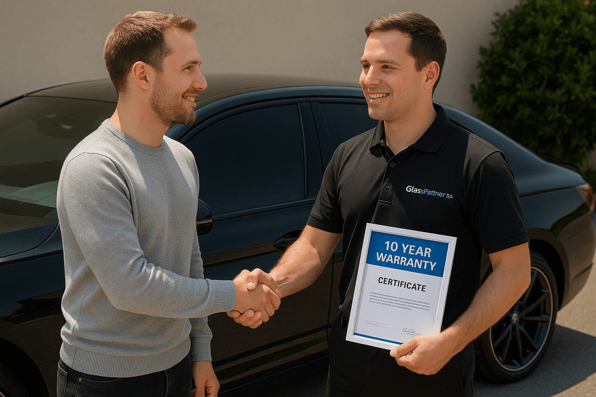 Garanzia di 10 anni e professionalità GlassPartner SA Un tecnico di GlassPartner SA, in divisa da lavoro, stringe la mano a un cliente sorridente e soddisfatto accanto a un'auto con vetri oscurati. Il tecnico tiene in mano un certificato con la scritta "10 Year Warranty", a simboleggiare l'affidabilità, la garanzia e l'alta qualità del servizio.