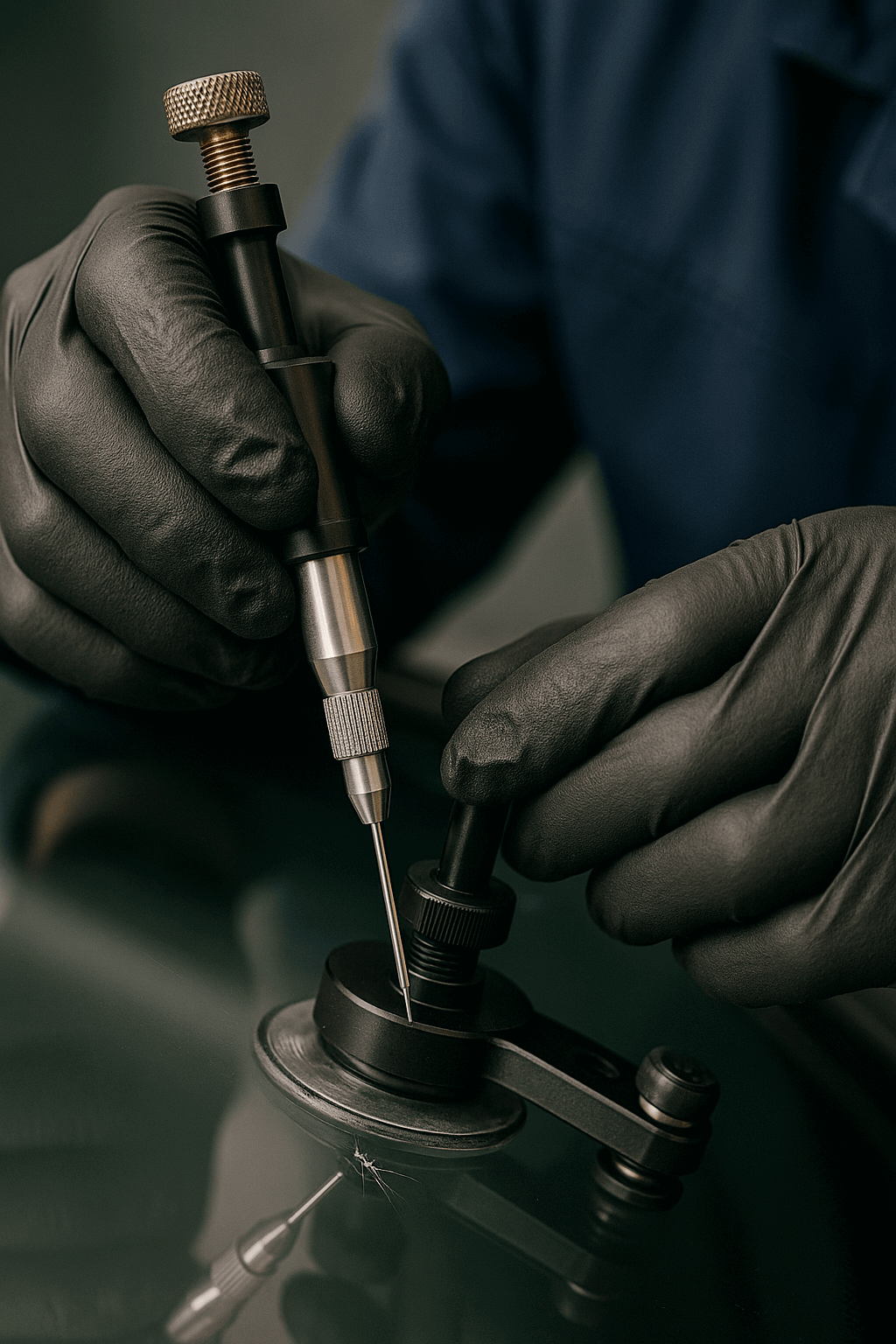 Processo di riparazione certificato del parabrezza Un tecnico di GlassPartner SA, in divisa da lavoro, utilizza una ventosa e un iniettore per applicare resina su un parabrezza danneggiato. L'immagine ravvicinata mostra l'attrezzatura di precisione e la competenza del tecnico, a simboleggiare il processo di riparazione avanzato e certificato dell'azienda.