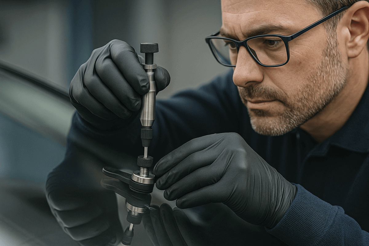 Riparazione parabrezza | La precisione del tecnico GlassPartner SA Un'immagine ravvicinata mostra un tecnico specializzato di GlassPartner SA con guanti protettivi, che utilizza un attrezzo di precisione sul parabrezza di un'auto. L'inquadratura enfatizza l'attenzione ai dettagli e l'esperienza del tecnico, comunicando professionalità e l'affidabilità del processo di riparazione.