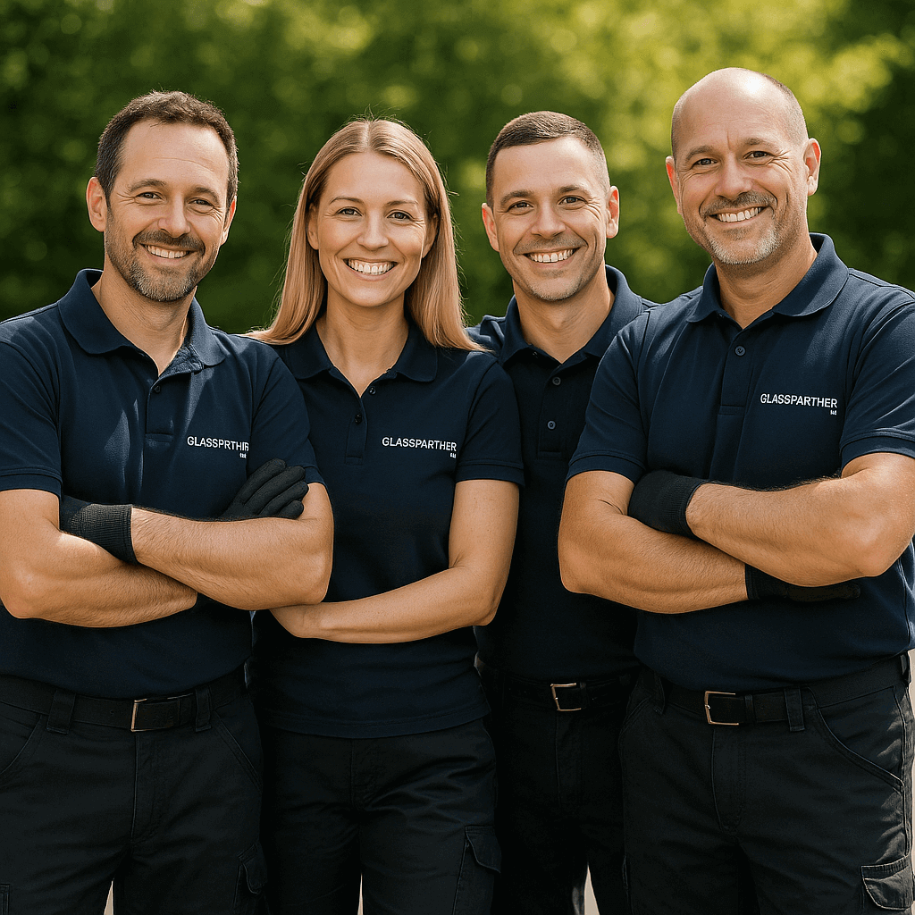 L'impegno e la passione del team GlassPartner SA Il team di specialisti di GlassPartner SA, in divisa da lavoro, si mostra sorridente e soddisfatto all'interno della loro officina. L'immagine comunica la passione, l'affidabilità e l'impegno dell'azienda verso la qualità del lavoro e la sostenibilità, valori che si riflettono nella garanzia a vita offerta ai clienti.