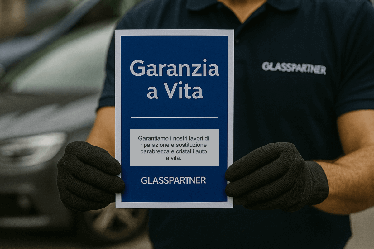 Garanzia a vita sui lavori di sostituzione vetri auto L'immagine mostra un tecnico di GlassPartner SA che porge a un cliente un certificato di garanzia a vita. L'azione simboleggia la fiducia, la qualità dei materiali e la sicurezza offerta dall'azienda sui suoi servizi di sostituzione.
