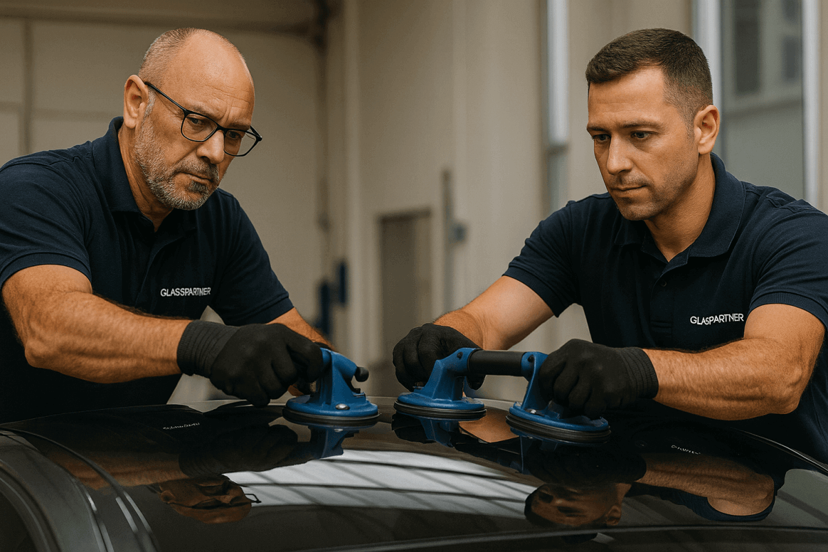 Tecnici GlassPartner SA durante il montaggio di un nuovo parabrezza Due tecnici specializzati lavorano in squadra per posizionare con precisione un nuovo parabrezza sul telaio di un'auto. L'immagine si concentra sull'attenzione ai dettagli e sulla competenza tecnica del team durante il processo di sostituzione certificato.