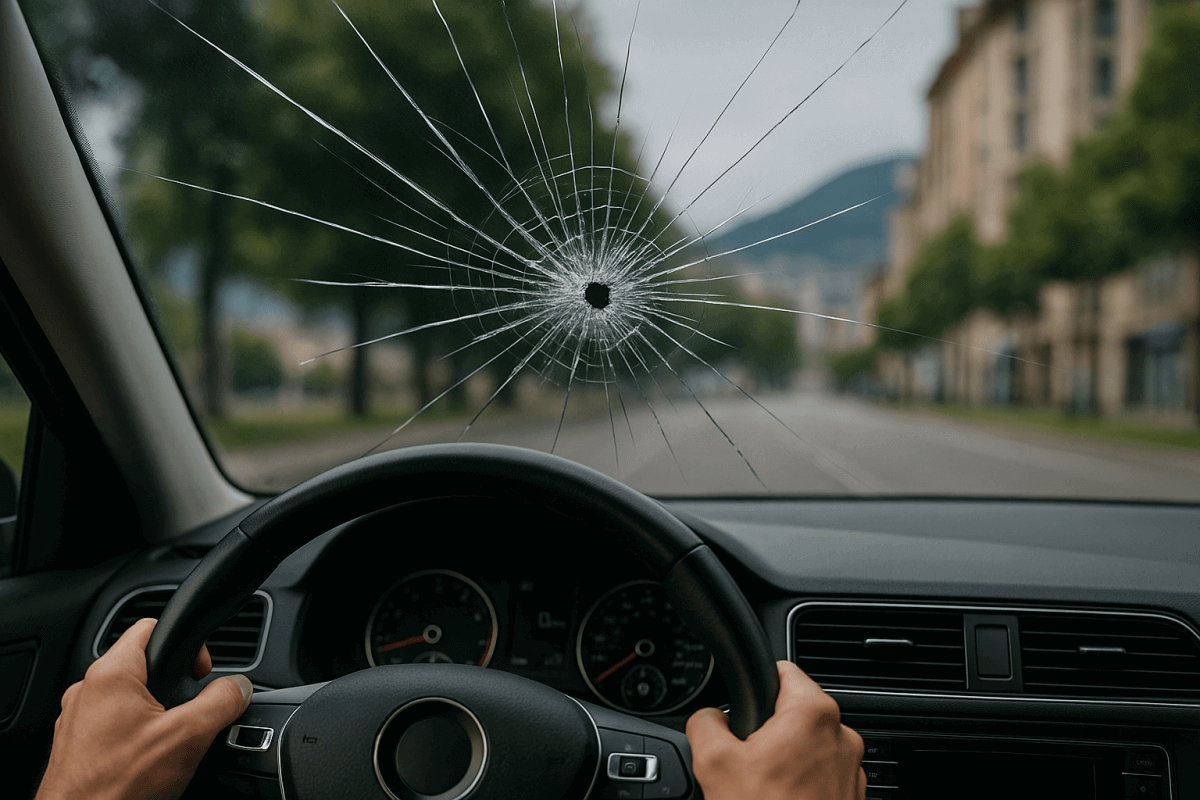 Danno irreparabile a un parabrezza di un'auto Un'immagine ravvicinata mostra un parabrezza gravemente danneggiato con una lunga crepa. L'immagine evidenzia la necessità di una sostituzione professionale per garantire la sicurezza del veicolo e del guidatore.